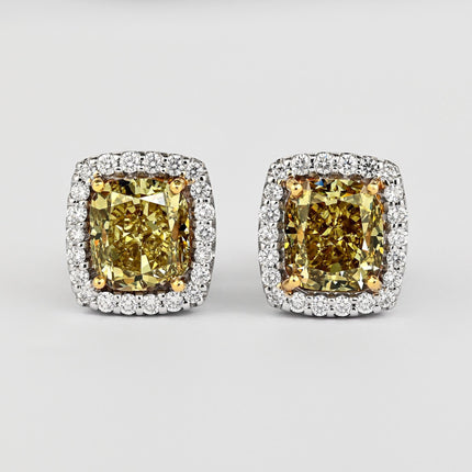 GIA Certified 5.12 Carat Fancy Brownish Greenish Yellow Diamond Stud Earrings