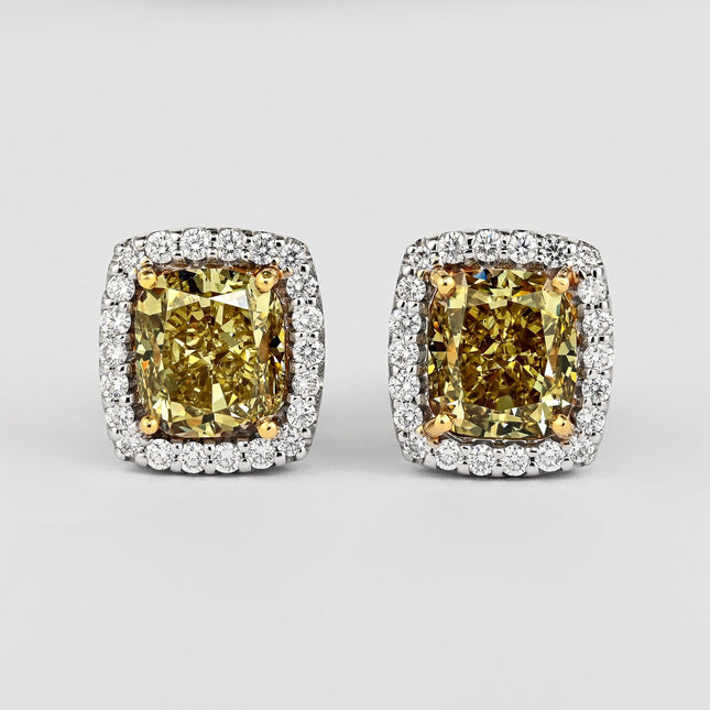 GIA Certified 5.12 Carat Fancy Brownish Greenish Yellow Diamond Stud Earrings