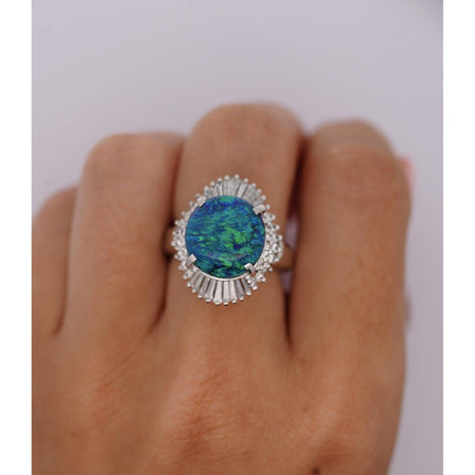 GIA Certified 5.38 Carat Black Opal and Diamond Ballerina Vintage Platinum Ring