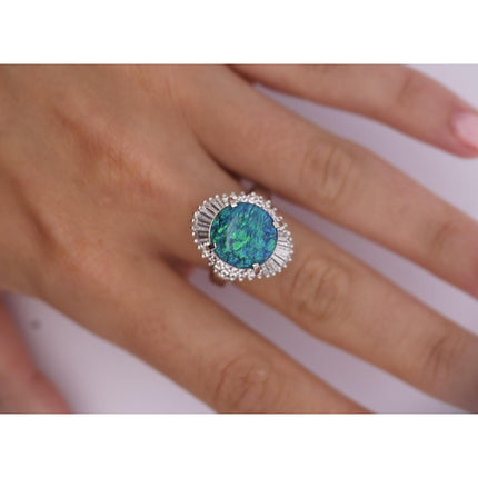 GIA Certified 5.38 Carat Black Opal and Diamond Ballerina Vintage Platinum Ring