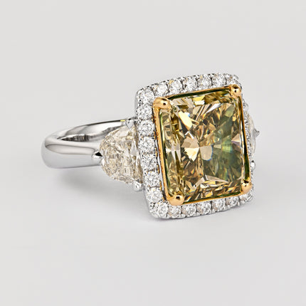 GIA Certified 6.07 Carat Radiant Cut Fancy Brownish Greenish Yellow Diamond Ring