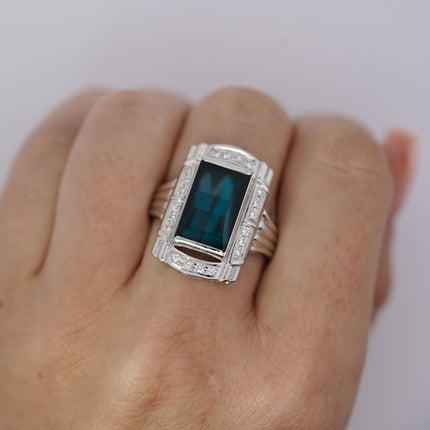 GIA Certified 6.40 Carat Blue Indicolite Tourmaline Vintage Retro Platinum Ring