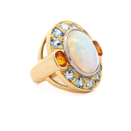 GIA Certified 8 Carat White Opal With Orange Garnet & Aquamarine Halo Ring