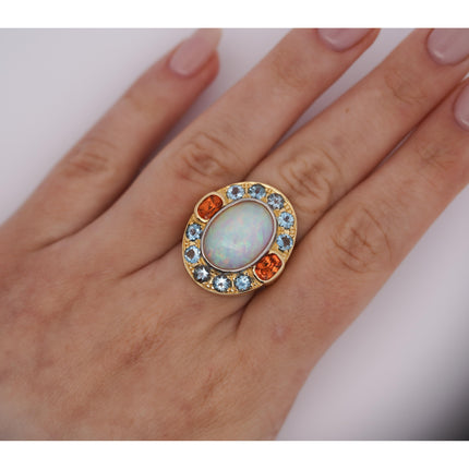 GIA Certified 8 Carat White Opal With Orange Garnet & Aquamarine Halo Ring