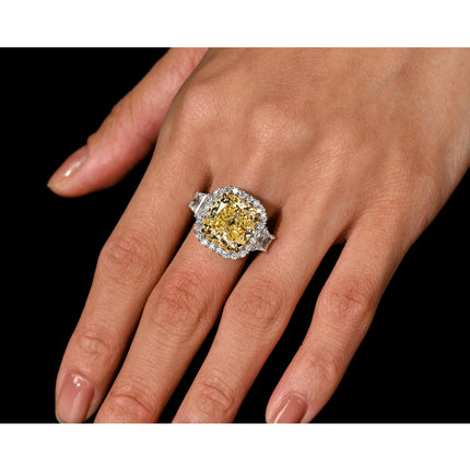 GIA Certified 8.39 Carat Fancy Intense Yellow Diamond 18K White Gold Halo Ring