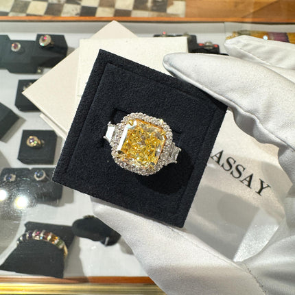 GIA Certified 8.39 Carat Fancy Intense Yellow Diamond 18K White Gold Halo Ring