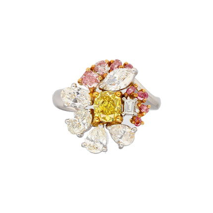 GIA Certified Fancy Yellow Cushion Cut Diamond with Pink and White Diamond Side Stones in Platinum 950 & 18K White Gold