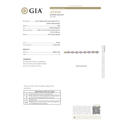 GIA Certified GUMP Signed Lavender Jadeite Jade 14K Gold Link Bracelet