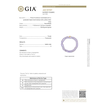 GIA Certified Gumps San Francisco Type A Lavender Jadeite Bead Necklace
