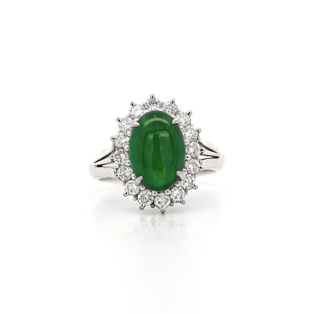 GIA Certified Type A Fei Cui Jadeite Jade Diamond Halo Platinum Split Shank Ring-Time and Carat