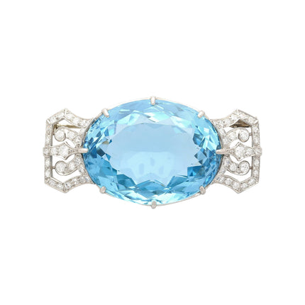 GIA Certified Vintage 62 Carat Aquamarine with Diamond Platinum Brooch/Pin