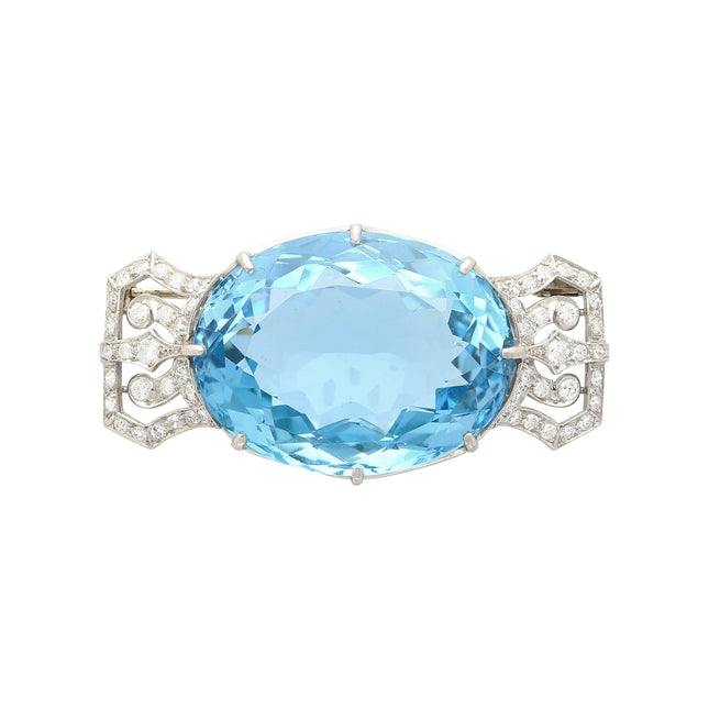 GIA Certified Vintage 62 Carat Aquamarine with Diamond Platinum Brooch/Pin