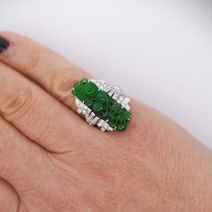 GIA Certified Vintage Carved Jadeite Jade & Diamond Statement Ring
