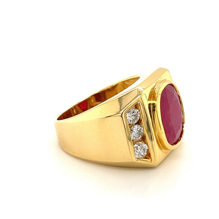 GRS Certified 6.2 Carat Ruby & Diamond Bezel Set 14K Gold Gypsy Style Mens Ring