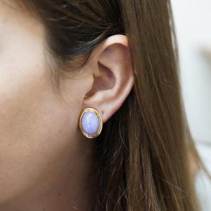 GUMPS San Francisco Signed Lavender Jade 14K Gold Clip On Stud Earrings-Time and Carat