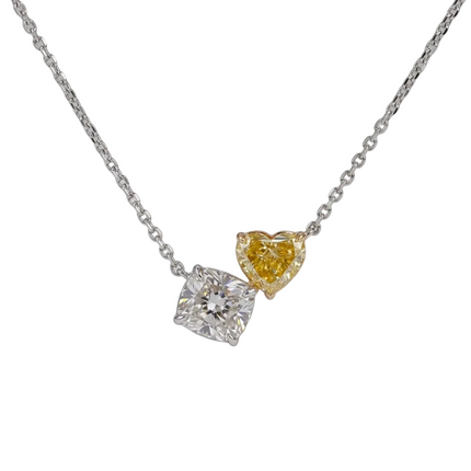 1.73 Carat Fancy Intense Yellow Heart & Cushion Diamond Toi et Moi Pendant | GIA