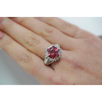 Hexagonal Cut Pink Tourmaline Round Diamond Halo Cocktail Ring-Time and Carat