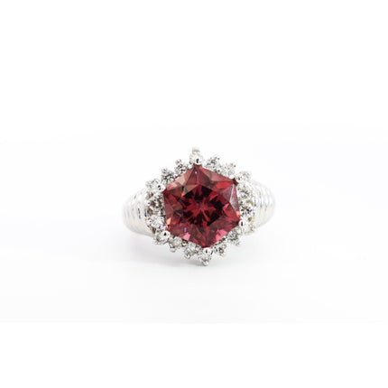 Hexagonal Cut Pink Tourmaline Round Diamond Halo Cocktail Ring-Time and Carat