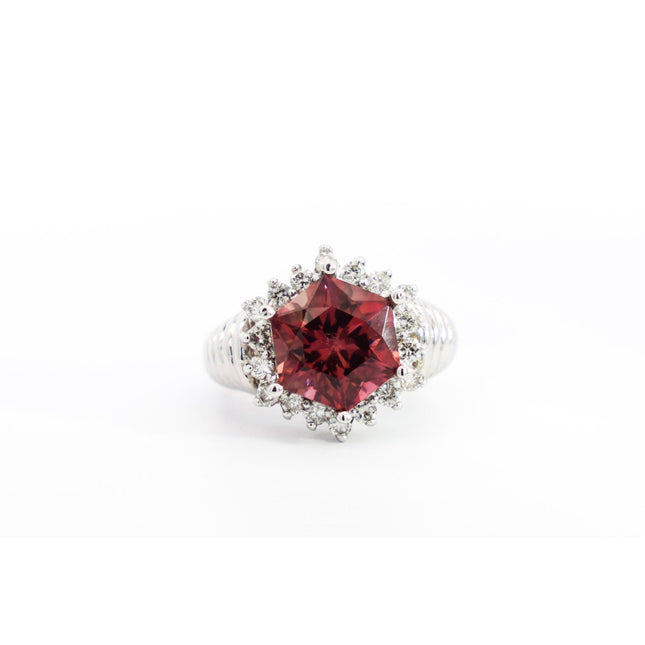 Hexagonal Cut Pink Tourmaline Round Diamond Halo Cocktail Ring-Time and Carat