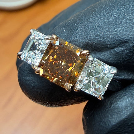2.53ctw Fancy Dark Yellowish Brown Diamond Three-Stone Ring | GIA