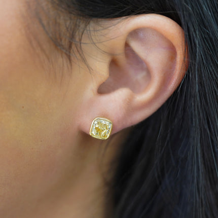 4.03ctw Fancy Yellow Cushion Diamond Stud Earrings | GIA