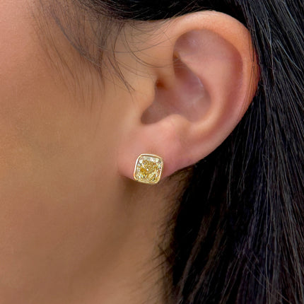4.03ctw Fancy Yellow Cushion Diamond Stud Earrings | GIA