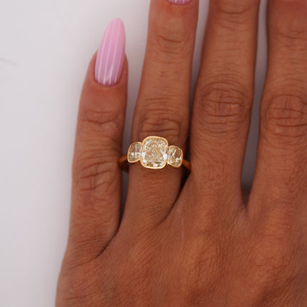 6.46ctw Cushion Diamond & Fancy Vivid Yell0w 3-Stone Ring 18K | GIA