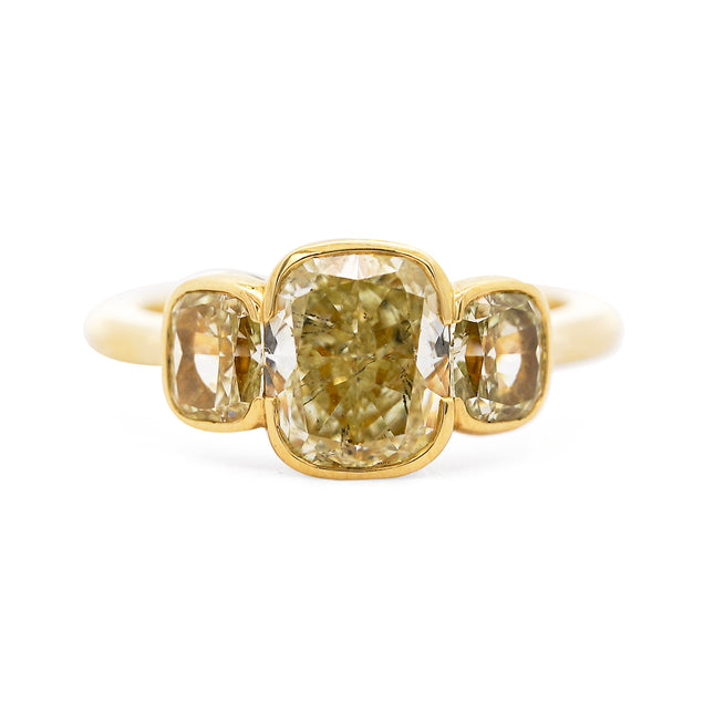 6.46ctw Cushion Diamond & Fancy Vivid Yell0w 3-Stone Ring 18K | GIA