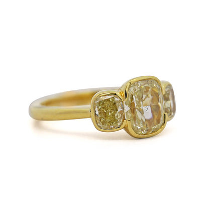 6.46ctw Cushion Diamond & Fancy Vivid Yell0w 3-Stone Ring 18K | GIA