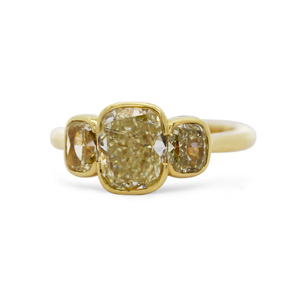6.46ctw Cushion Diamond & Fancy Vivid Yell0w 3-Stone Ring 18K | GIA