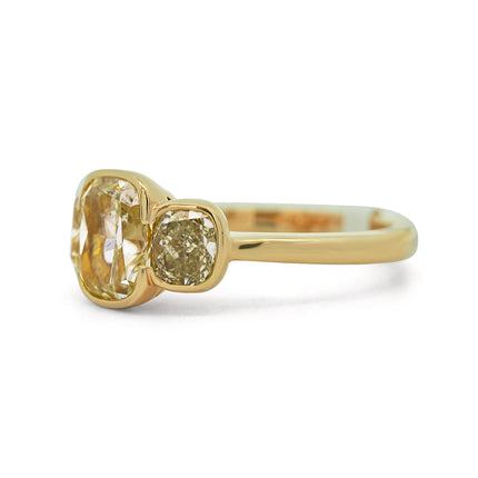 6.46ctw Cushion Diamond & Fancy Vivid Yell0w 3-Stone Ring 18K | GIA