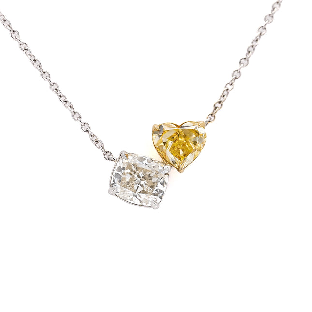 1.73 Carat Fancy Intense Yellow Heart & Cushion Diamond Toi et Moi Pendant | GIA