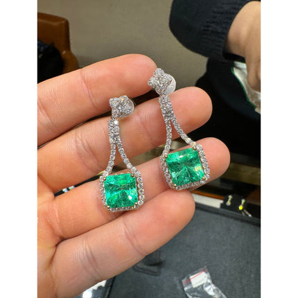 Matching Pair Colombian Emerald Cut Pastel Green Emerald Diamond Drop Earrings-Time and Carat