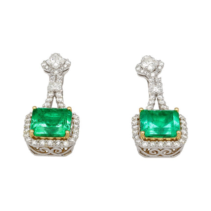Matching Pair Colombian Emerald Cut Pastel Green Emerald Diamond Drop Earrings-Time and Carat