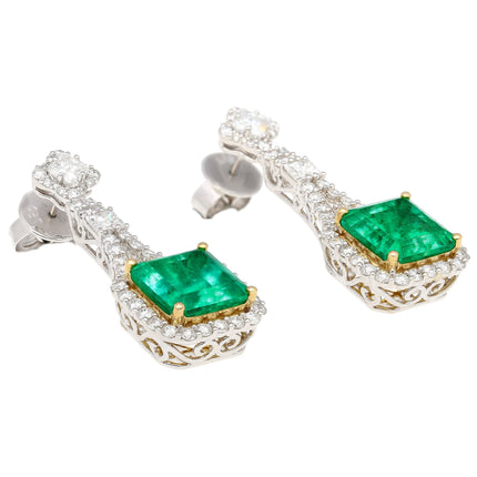 Matching Pair Colombian Emerald Cut Pastel Green Emerald Diamond Drop Earrings-Time and Carat