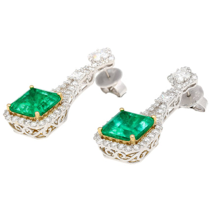 Matching Pair Colombian Emerald Cut Pastel Green Emerald Diamond Drop Earrings-Time and Carat