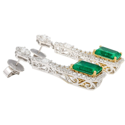 Matching Pair Colombian Emerald Cut Pastel Green Emerald Diamond Drop Earrings-Time and Carat