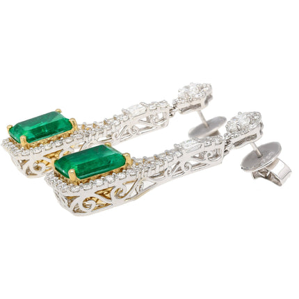 Matching Pair Colombian Emerald Cut Pastel Green Emerald Diamond Drop Earrings-Time and Carat