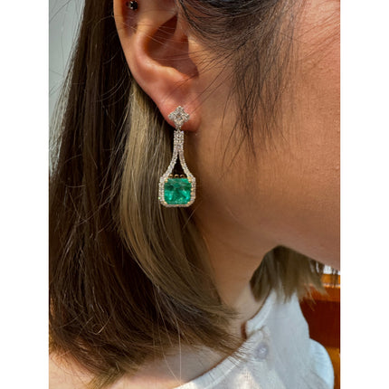 Matching Pair Colombian Emerald Cut Pastel Green Emerald Diamond Drop Earrings-Time and Carat