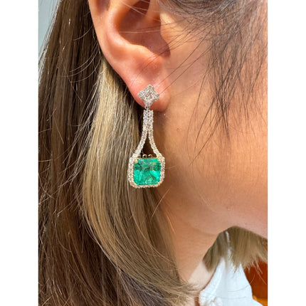 Matching Pair Colombian Emerald Cut Pastel Green Emerald Diamond Drop Earrings-Time and Carat