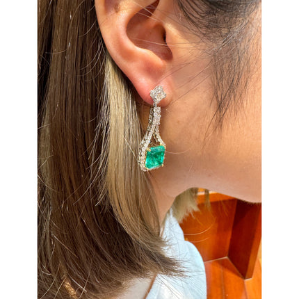 Matching Pair Colombian Emerald Cut Pastel Green Emerald Diamond Drop Earrings-Time and Carat