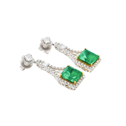 Matching Pair Colombian Emerald Cut Pastel Green Emerald Diamond Drop Earrings-Time and Carat