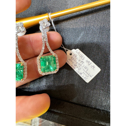 Matching Pair Colombian Emerald Cut Pastel Green Emerald Diamond Drop Earrings-Time and Carat