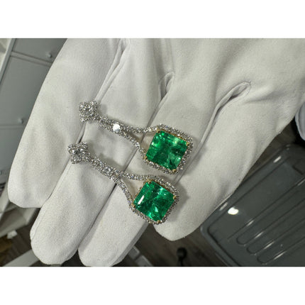 Matching Pair Colombian Emerald Cut Pastel Green Emerald Diamond Drop Earrings-Time and Carat