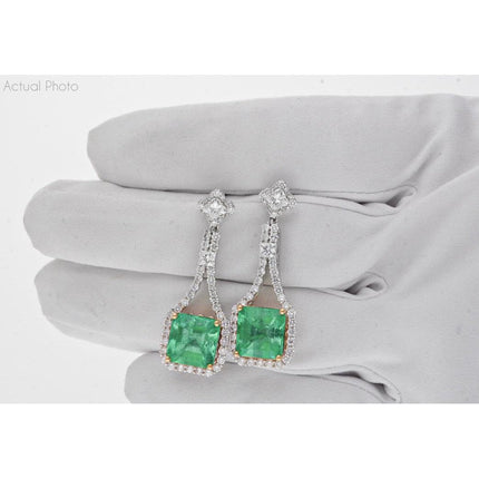 Matching Pair Colombian Emerald Cut Pastel Green Emerald Diamond Drop Earrings-Time and Carat