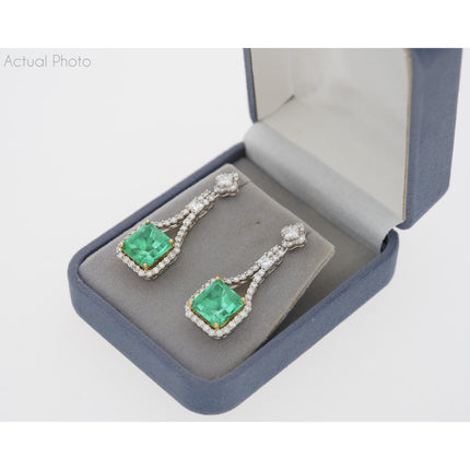 Matching Pair Colombian Emerald Cut Pastel Green Emerald Diamond Drop Earrings-Time and Carat