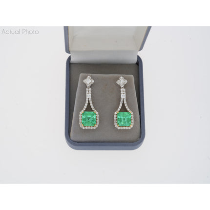 Matching Pair Colombian Emerald Cut Pastel Green Emerald Diamond Drop Earrings-Time and Carat