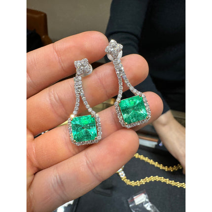Matching Pair Colombian Emerald Cut Pastel Green Emerald Diamond Drop Earrings-Time and Carat