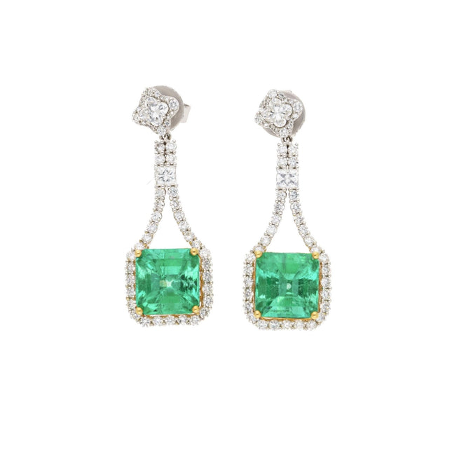 Matching Pair Colombian Emerald Cut Pastel Green Emerald Diamond Drop Earrings-Time and Carat