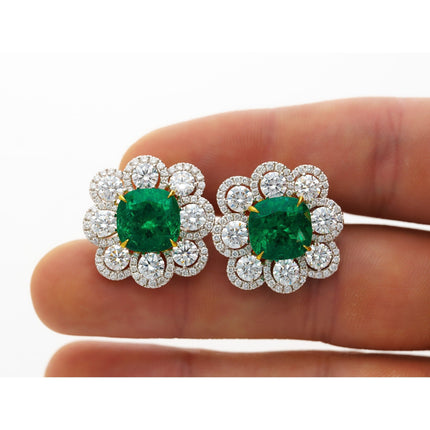 Matching Pair Cushion Cut Colombian Emerald Round Diamond Earrings-Time and Carat